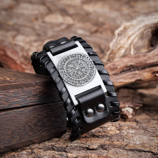 Vegvisir Runes Wide Leather Bracelet