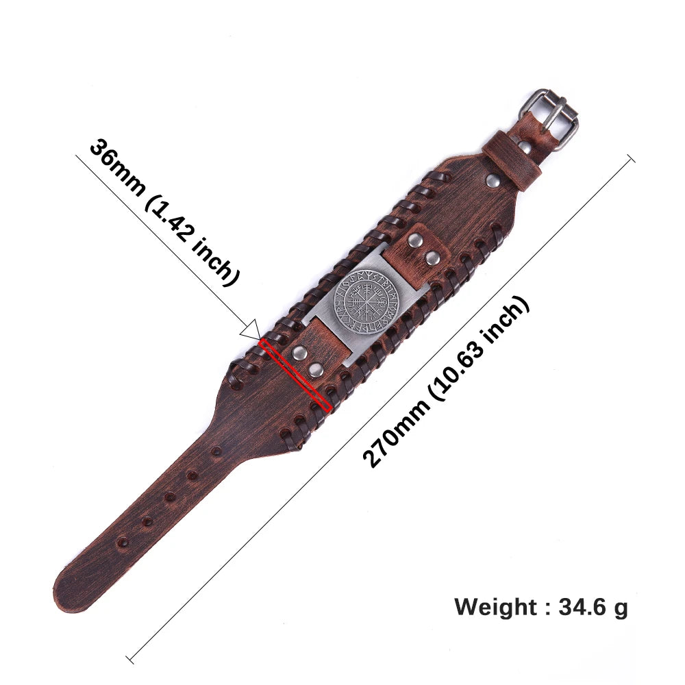 Vegvisir Runes Wide Leather Bracelet