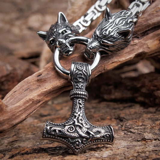 Mjolnir Thor's Hammer Wolf Necklace