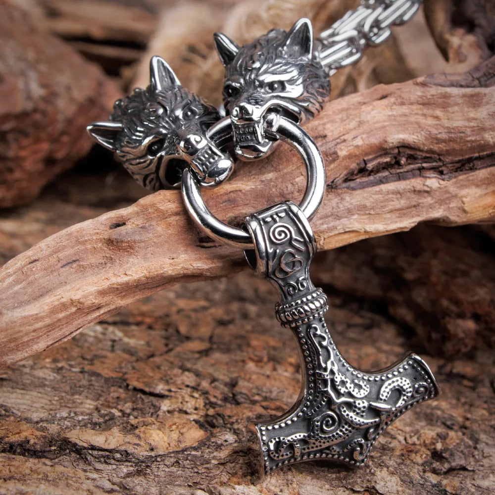 Mjolnir Thor's Hammer Wolf Necklace