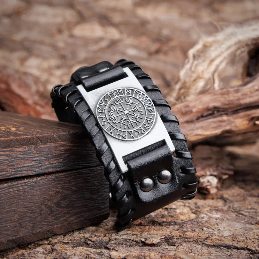 Vegvisir Runes Wide Leather Bracelet