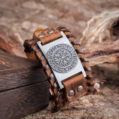 Vegvisir Runes Wide Leather Bracelet
