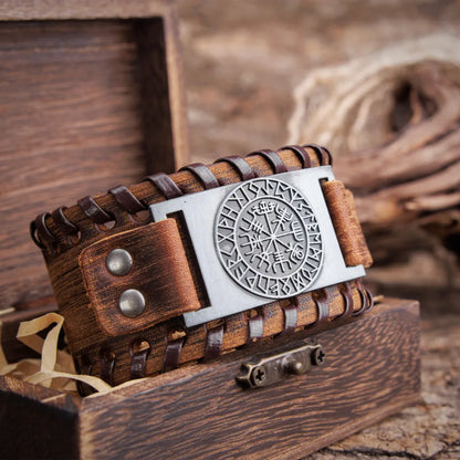 Vegvisir Runes Wide Leather Bracelet