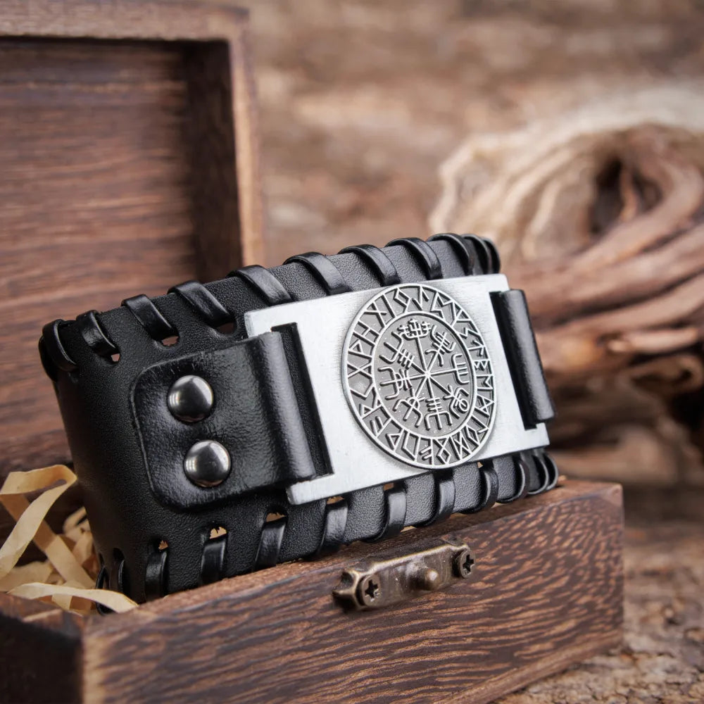 Vegvisir Runes Wide Leather Bracelet