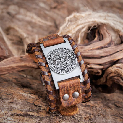Vegvisir Runes Wide Leather Bracelet