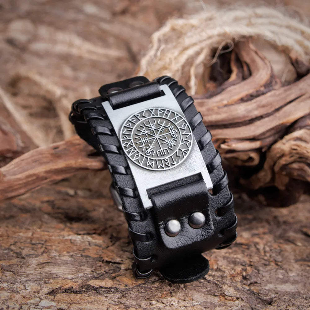 Vegvisir Runes Wide Leather Bracelet