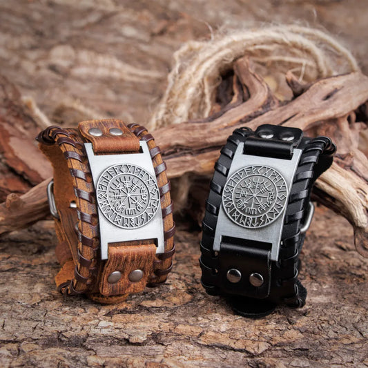 Vegvisir Runes Wide Leather Bracelet