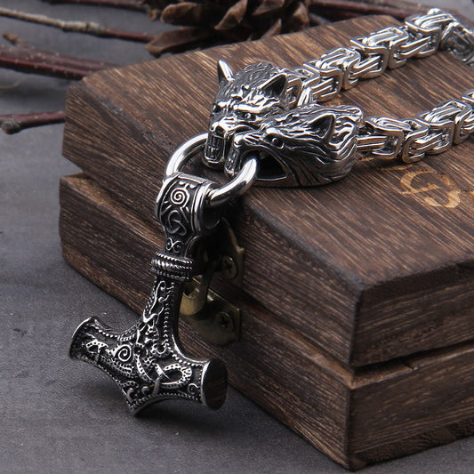 Mjolnir Thor's Hammer Wolf Necklace