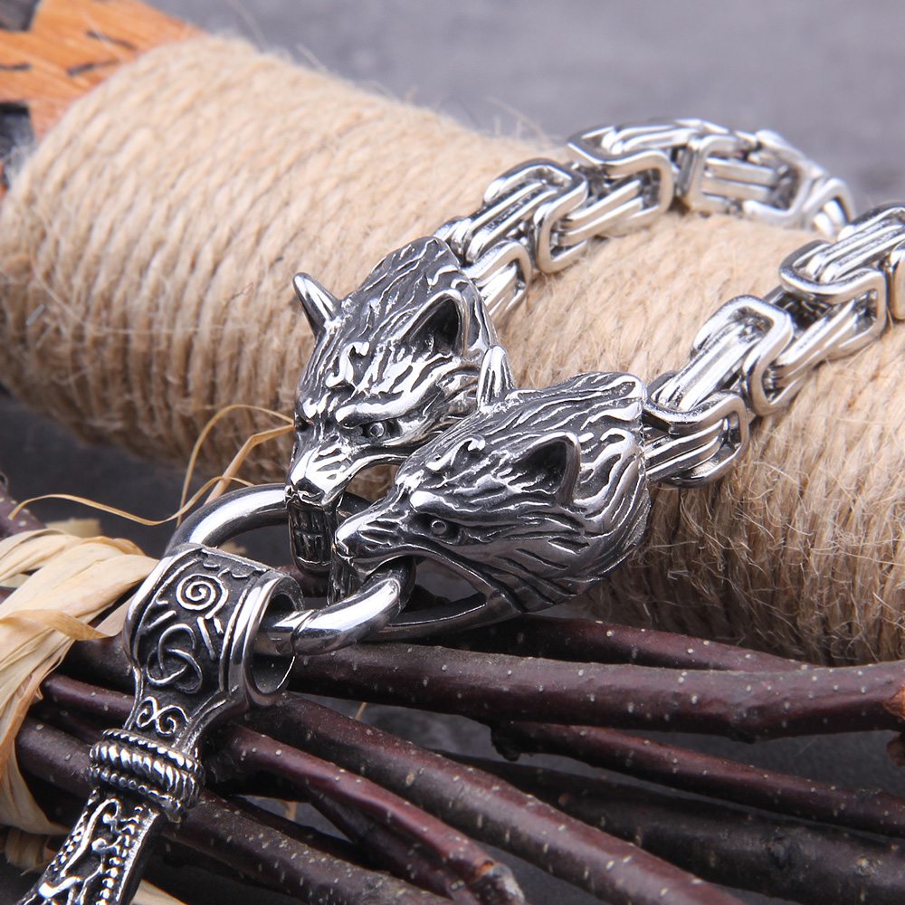 Mjolnir Thor's Hammer Wolf Necklace