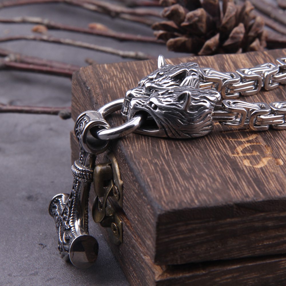 Mjolnir Thor's Hammer Wolf Necklace