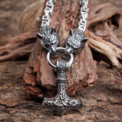 Mjolnir Thor's Hammer Wolf Necklace