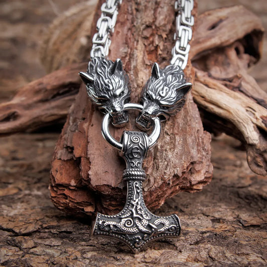 Mjolnir Thor's Hammer Wolf Necklace