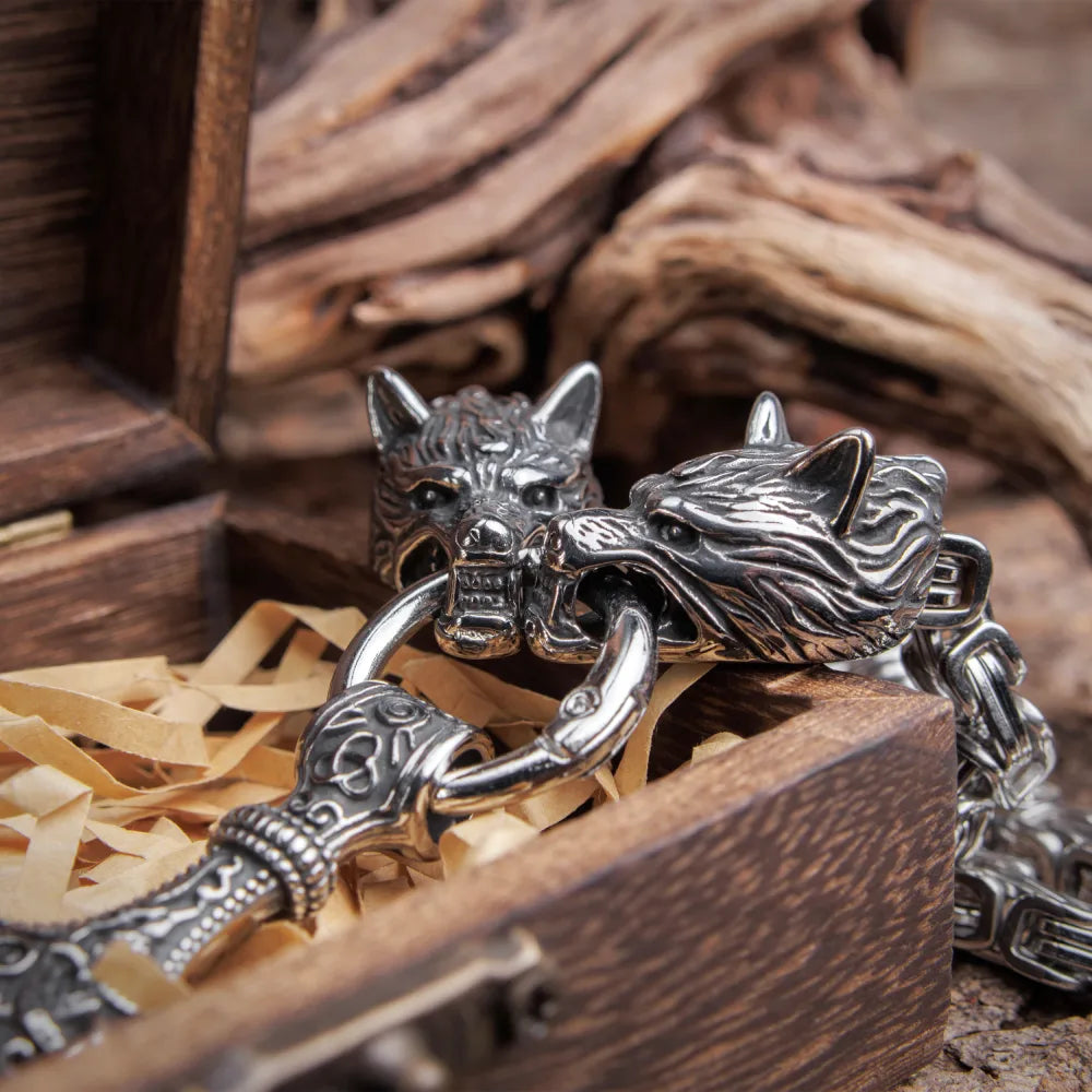 Mjolnir Thor's Hammer Wolf Necklace