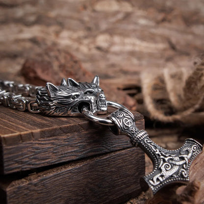 Mjolnir Thor's Hammer Wolf Necklace