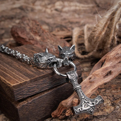 Mjolnir Thor's Hammer Wolf Necklace