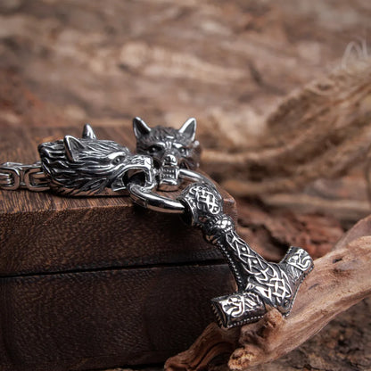 Mjolnir Thor's Hammer Wolf Necklace