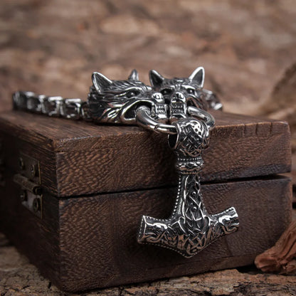 Mjolnir Thor's Hammer Wolf Necklace