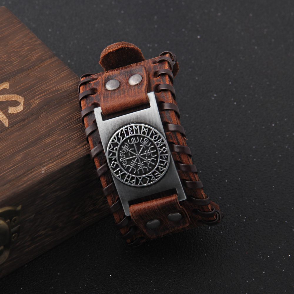 Vegvisir Runes Wide Leather Bracelet