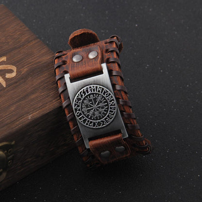 Vegvisir Runes Wide Leather Bracelet