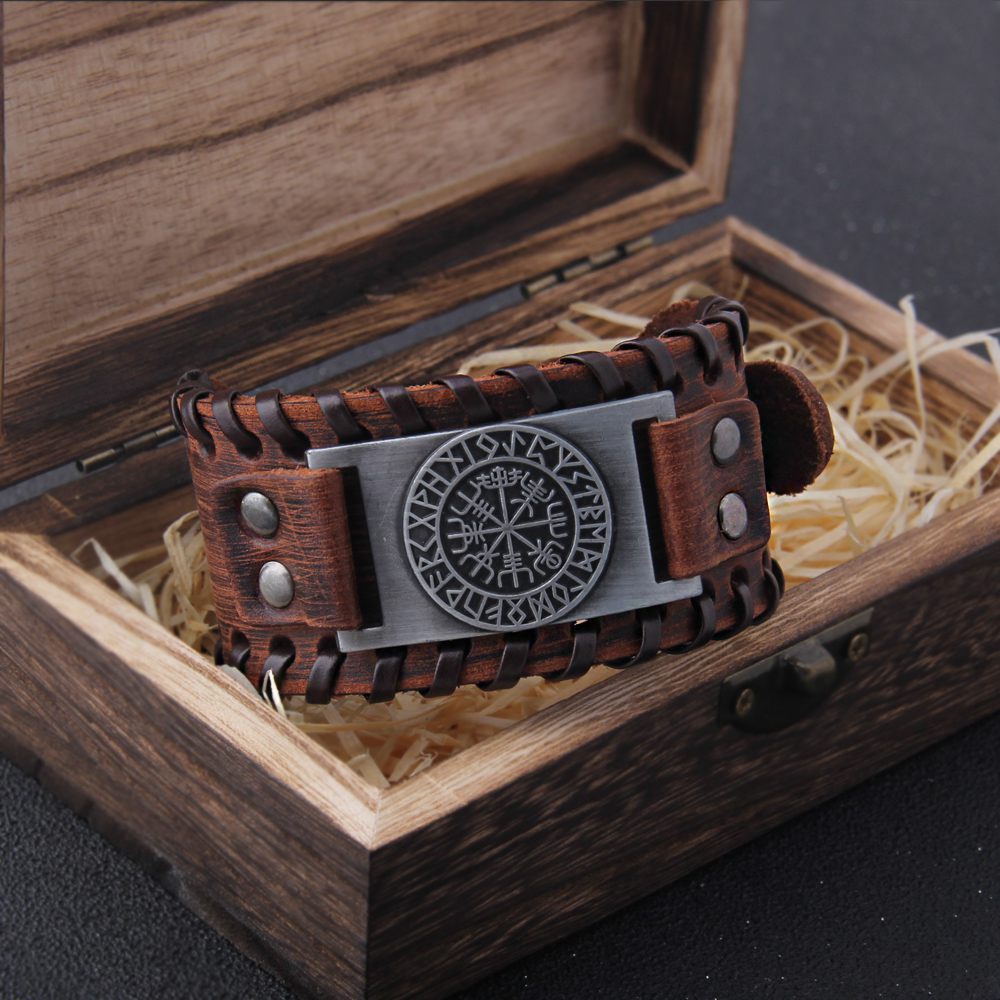 Vegvisir Runes Wide Leather Bracelet