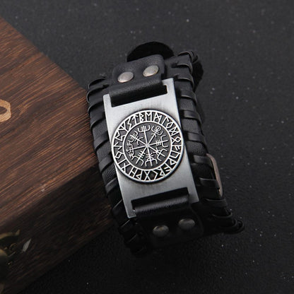 Vegvisir Runes Wide Leather Bracelet