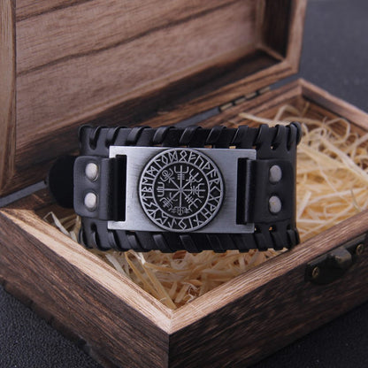 Vegvisir Runes Wide Leather Bracelet