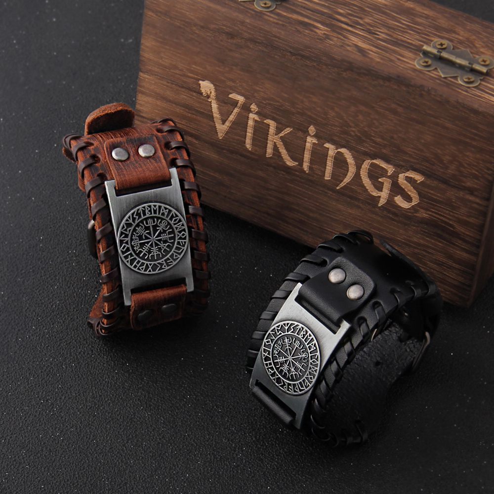 Vegvisir Runes Wide Leather Bracelet